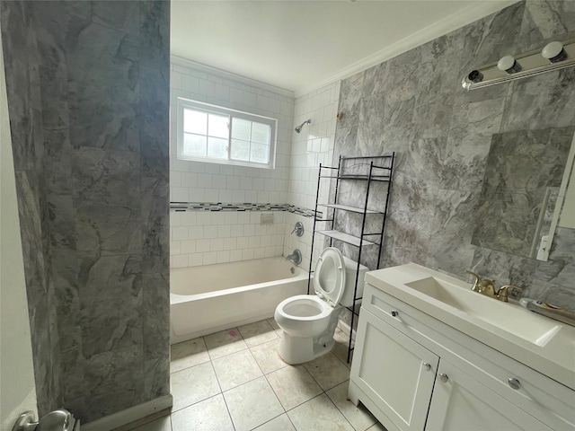10 Kirby Ln, Central Islip, NY 11722 - full bath featuring toilet, bathing tub / shower combination, vanity, tile walls, and tile patterned flooring