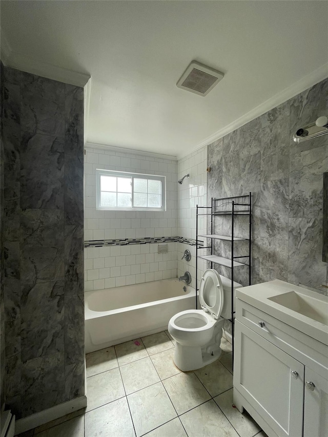 10 Kirby Ln, Central Islip, NY 11722 - full bath featuring toilet, vanity, tile patterned floors, shower / tub combination, and tile walls