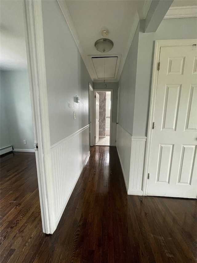 10 Kirby Ln, Central Islip, NY 11722 - hallway with attic access, hardwood / wood-style flooring, a wainscoted wall, and crown molding