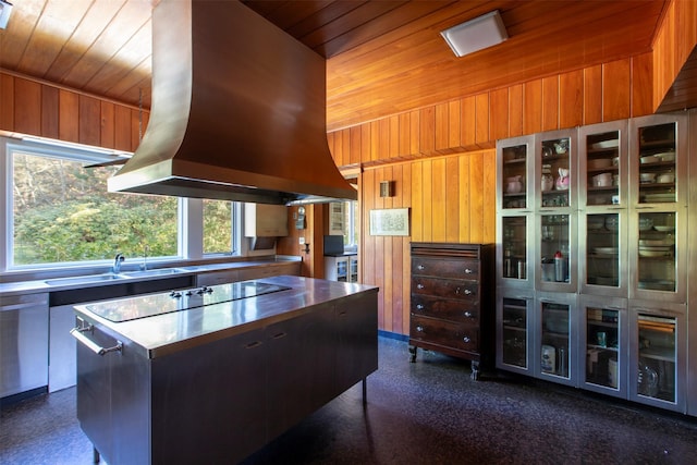 390 Erpf Rd, Arkville, NY 12406 - kitchen featuring island exhaust hood, wooden ceiling, wooden walls, a center island, and stainless steel dishwasher