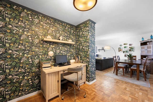 3135 Johnson Ave Unit 9A, Bronx, NY 10463 - home office with wallpapered walls, baseboards, and crown molding
