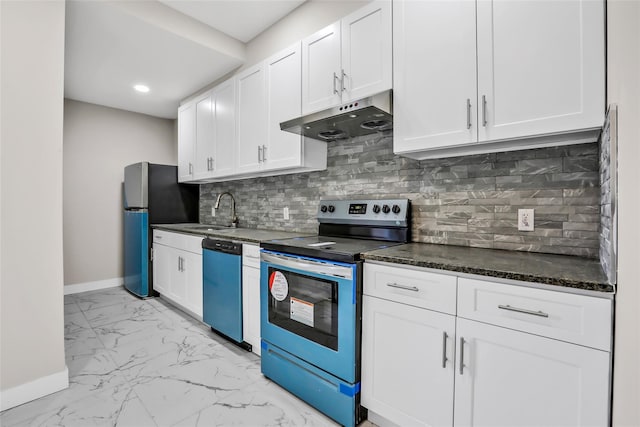 305 Union Ave, New Rochelle, NY 10801 - kitchen with stainless steel appliances, under cabinet range hood, a sink, baseboards, and light marble finish floors