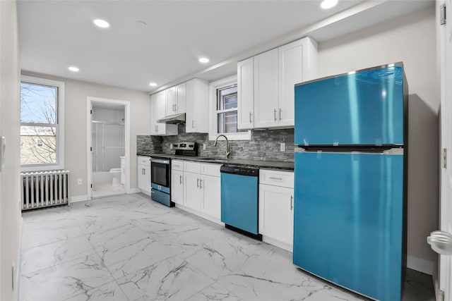 305 Union Ave, New Rochelle, NY 10801 - kitchen with freestanding refrigerator, radiator heating unit, dishwashing machine, stainless steel electric range oven, and a sink