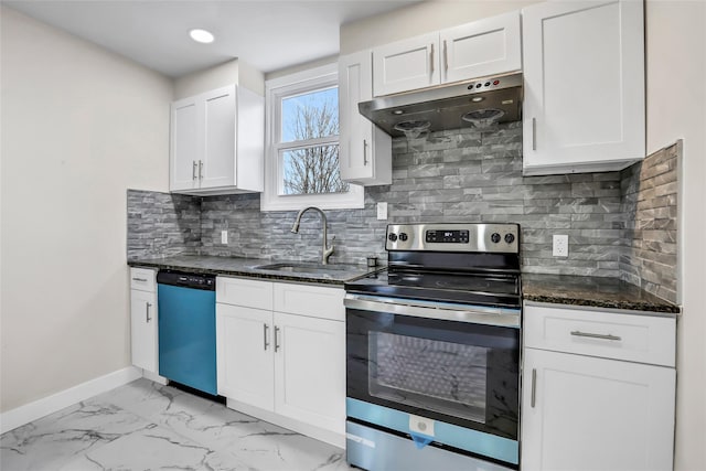 305 Union Ave, New Rochelle, NY 10801 - kitchen featuring electric stove, dishwashing machine, under cabinet range hood, a sink, and baseboards