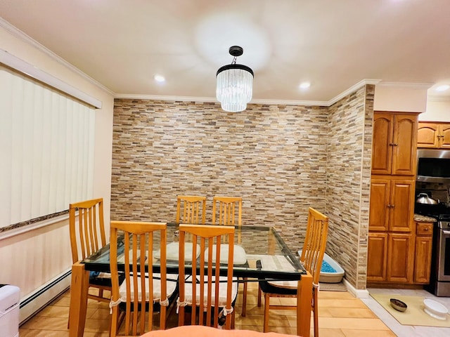 5-41 117th St, College Point, NY 11356 - dining room featuring crown molding, a baseboard heating unit, a chandelier, and recessed lighting
