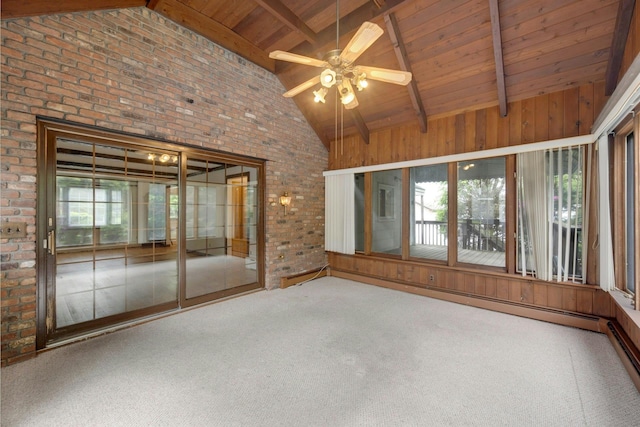 115 Fowler Ave, Yonkers, NY 10701 - unfurnished sunroom featuring carpet floors, brick wall, wooden ceiling with exposed beams, and high vaulted ceiling