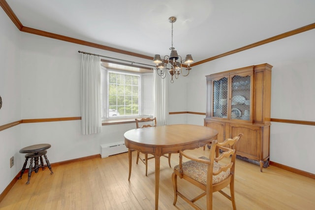 115 Fowler Ave, Yonkers, NY 10701 - dining room with a baseboard heating unit, a chandelier, light wood-type flooring, baseboards, and ornamental molding