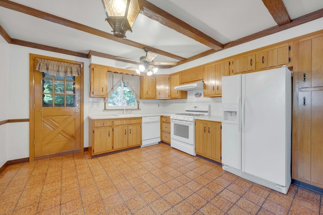 115 Fowler Ave, Yonkers, NY 10701 - kitchen featuring white appliances, light countertops, a sink, beamed ceiling, and under cabinet range hood