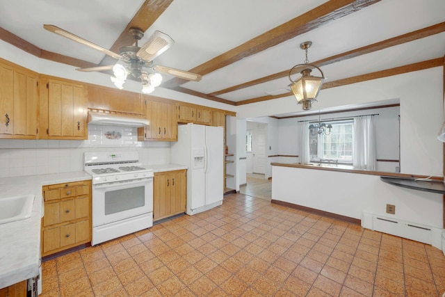 115 Fowler Ave, Yonkers, NY 10701 - kitchen with white appliances, under cabinet range hood, light countertops, light flooring, and beamed ceiling