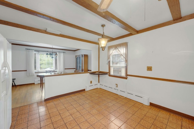 115 Fowler Ave, Yonkers, NY 10701 - kitchen with beamed ceiling, baseboard heating, baseboards, decorative light fixtures, and cooling unit