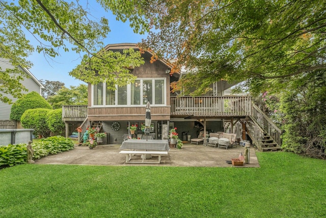 115 Fowler Ave, Yonkers, NY 10701 - rear view of property with stairs, a sunroom, a patio, a wooden deck, and a yard