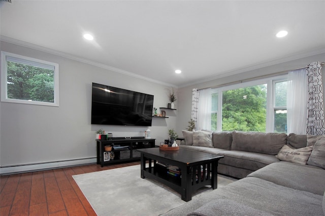 20 Shale Dr, Wappingers Falls, NY 12590 - living area with a baseboard heating unit, healthy amount of natural light, ornamental molding, hardwood / wood-style flooring, and recessed lighting