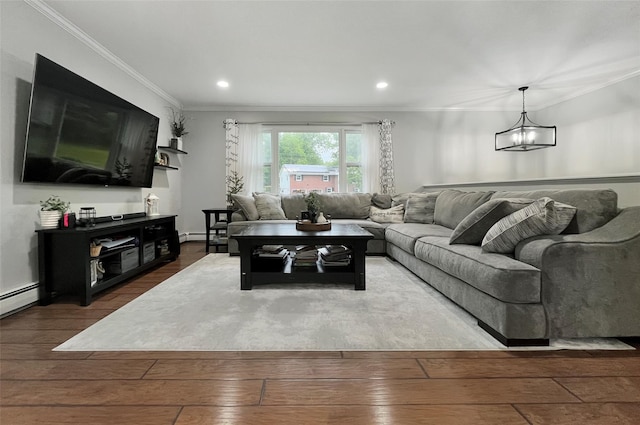 20 Shale Dr, Wappingers Falls, NY 12590 - living room with a chandelier, ornamental molding, wood-type flooring, recessed lighting, and a baseboard heating unit