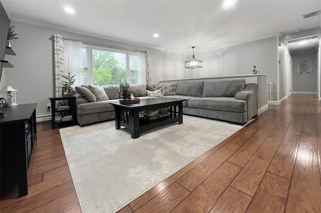 20 Shale Dr, Wappingers Falls, NY 12590 - living room featuring dark wood-style floors, ornamental molding, recessed lighting, a baseboard heating unit, and baseboards