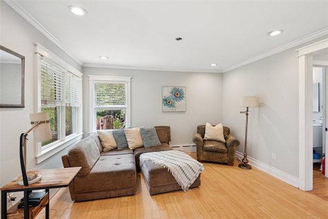 17 Tulip Rd, Rocky Point, NY 11778 - living area featuring a baseboard radiator, light wood-style flooring, ornamental molding, recessed lighting, and baseboards