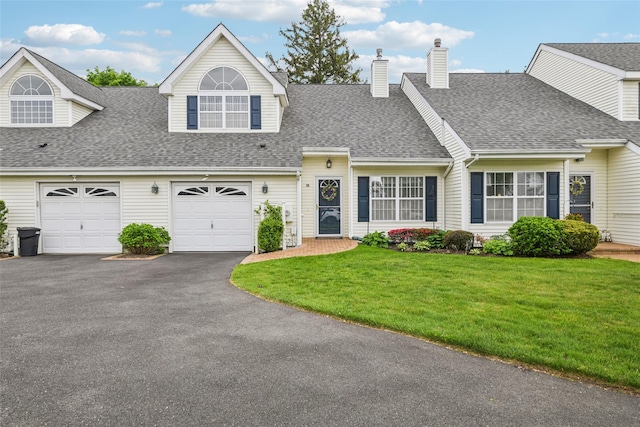 30 Joyces Way, Bay Shore, NY 11706 - view of front facade with a shingled roof, asphalt driveway, a front lawn, and a chimney