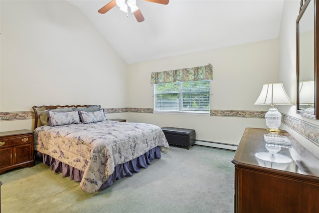 30 Joyces Way, Bay Shore, NY 11706 - bedroom with a baseboard heating unit, light colored carpet, lofted ceiling, and ceiling fan