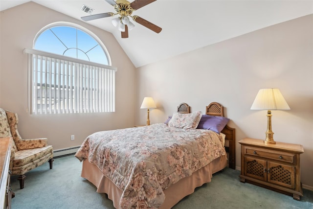 30 Joyces Way, Bay Shore, NY 11706 - carpeted bedroom with lofted ceiling, a baseboard radiator, and ceiling fan