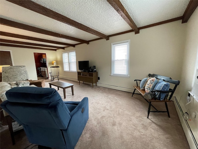 42 Saint Marks Ave, Freeport, NY 11520 - carpeted living room with beamed ceiling, a textured ceiling, baseboards, and baseboard heating