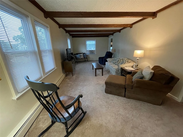 42 Saint Marks Ave, Freeport, NY 11520 - living room with beam ceiling, a baseboard heating unit, and carpet flooring