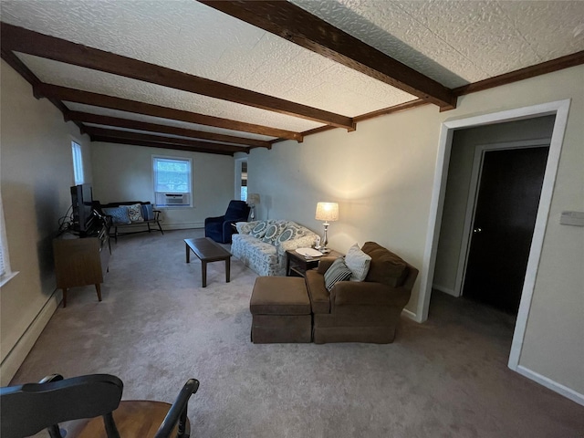 42 Saint Marks Ave, Freeport, NY 11520 - carpeted living room featuring beamed ceiling, baseboards, a textured ceiling, a baseboard radiator, and cooling unit