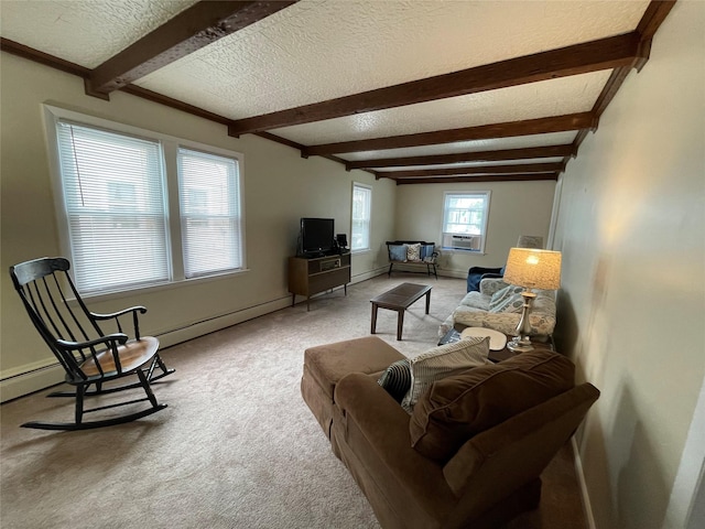 42 Saint Marks Ave, Freeport, NY 11520 - living area featuring a textured ceiling, beamed ceiling, light carpet, and baseboards