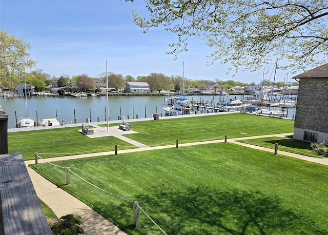 263 River Ave Unit 52, Patchogue, NY 11772 - dock area with a water view and a lawn
