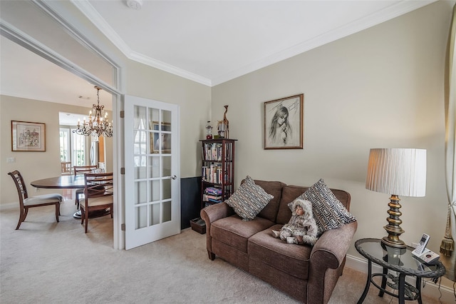 23 Sonata Ct, Lake Grove, NY 11755 - living area with carpet floors, a chandelier, crown molding, and baseboards