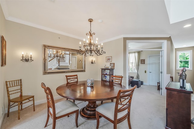 23 Sonata Ct, Lake Grove, NY 11755 - dining room with light carpet, a chandelier, baseboards, recessed lighting, and ornamental molding