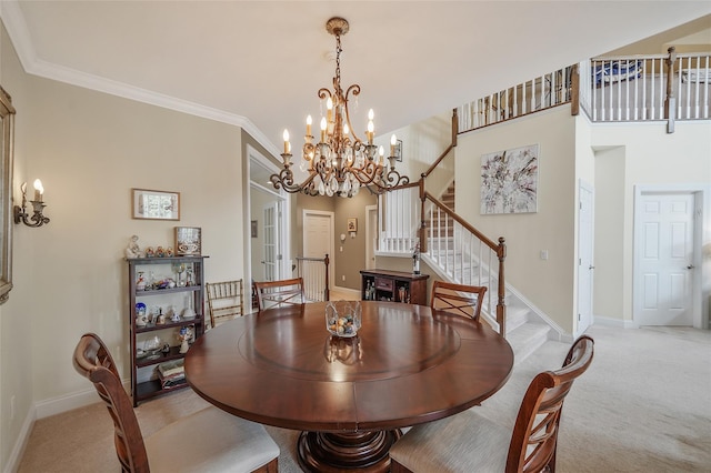 23 Sonata Ct, Lake Grove, NY 11755 - dining room featuring light colored carpet, a chandelier, baseboards, stairs, and crown molding