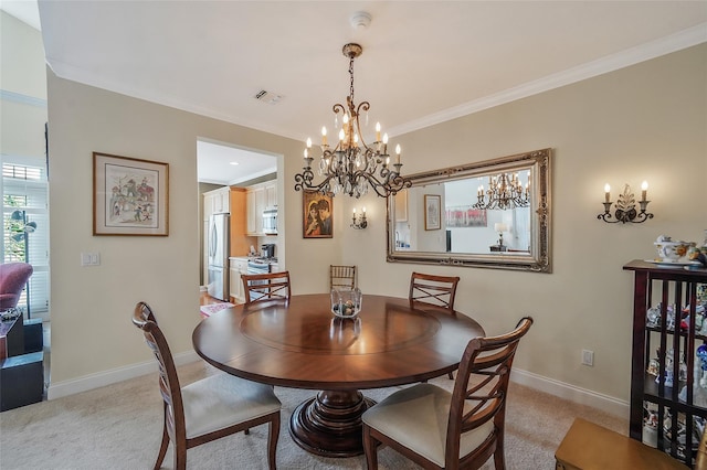 23 Sonata Ct, Lake Grove, NY 11755 - dining room with a chandelier, ornamental molding, baseboards, and light colored carpet