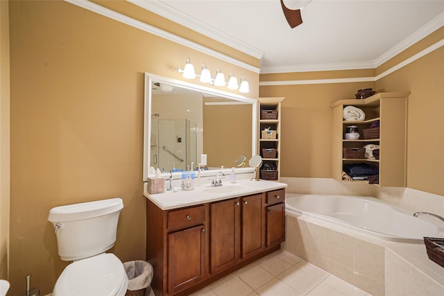 23 Sonata Ct, Lake Grove, NY 11755 - bathroom featuring a bath, vanity, crown molding, a stall shower, and tile patterned floors