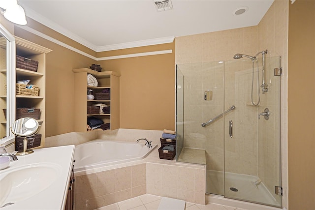23 Sonata Ct, Lake Grove, NY 11755 - full bathroom featuring a shower stall, a bath, vanity, tile patterned floors, and ornamental molding
