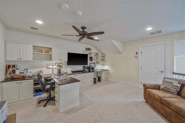 23 Sonata Ct, Lake Grove, NY 11755 - home office with light carpet, ceiling fan, recessed lighting, built in study area, and baseboards