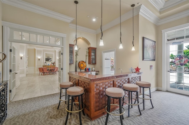23 Sonata Ct, Lake Grove, NY 11755 - bar with carpet floors, crown molding, baseboards, hanging light fixtures, and recessed lighting