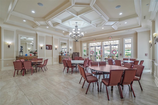 23 Sonata Ct, Lake Grove, NY 11755 - dining room with a decorative wall, coffered ceiling, plenty of natural light, a chandelier, and ornamental molding
