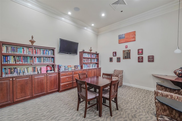 23 Sonata Ct, Lake Grove, NY 11755 - dining area with light carpet, crown molding, baseboards, and recessed lighting