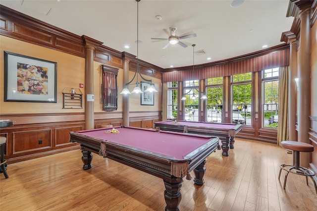 23 Sonata Ct, Lake Grove, NY 11755 - playroom with ornamental molding, ceiling fan, pool table, light wood-style floors, and wainscoting