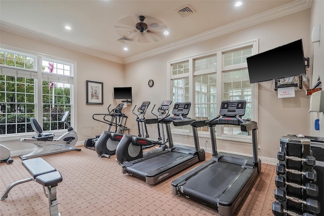 23 Sonata Ct, Lake Grove, NY 11755 - exercise room featuring ceiling fan, carpet floors, baseboards, recessed lighting, and ornamental molding