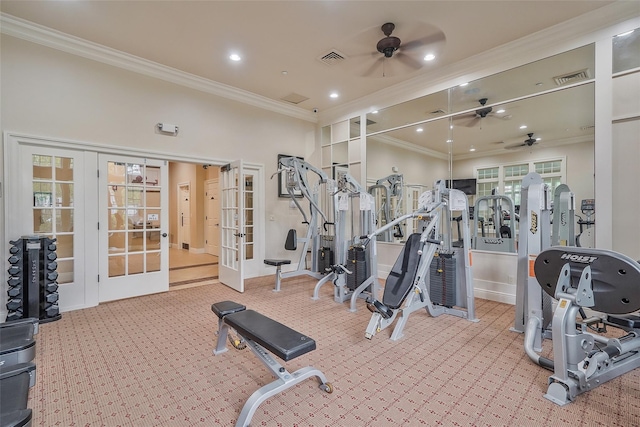 23 Sonata Ct, Lake Grove, NY 11755 - workout area with a ceiling fan, french doors, crown molding, carpet floors, and recessed lighting