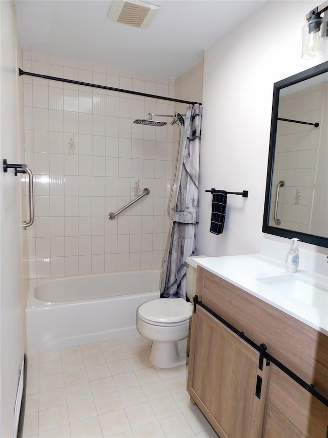7 Audrey Ln, Commack, NY 11725 - bathroom with shower / bath combo, vanity, toilet, tile patterned floors, and a baseboard heating unit