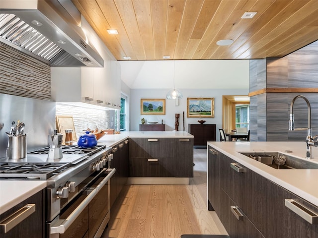 16 Juniper Ln, Woodstock, NY 12498 - kitchen featuring a sink, wall chimney exhaust hood, range with two ovens, light countertops, and wooden ceiling