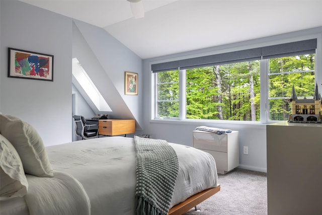16 Juniper Ln, Woodstock, NY 12498 - bedroom featuring a skylight, vaulted ceiling, carpet flooring, and baseboards