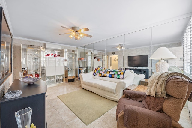 64-30 73rd Pl, Middle Village, NY 11379 - living area with a ceiling fan, light tile patterned floors, ornamental molding, a wall mounted air conditioner, and wallpapered walls