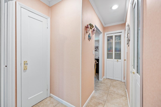 64-30 73rd Pl, Middle Village, NY 11379 - hall featuring crown molding, light tile patterned flooring, recessed lighting, and baseboards