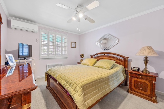 64-30 73rd Pl, Middle Village, NY 11379 - bedroom featuring a wall mounted air conditioner, light carpet, baseboards, ornamental molding, and ceiling fan
