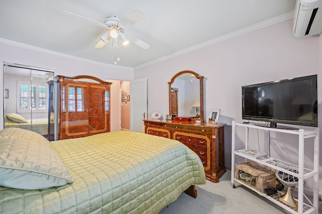 64-30 73rd Pl, Middle Village, NY 11379 - carpeted bedroom with an AC wall unit, crown molding, and ceiling fan