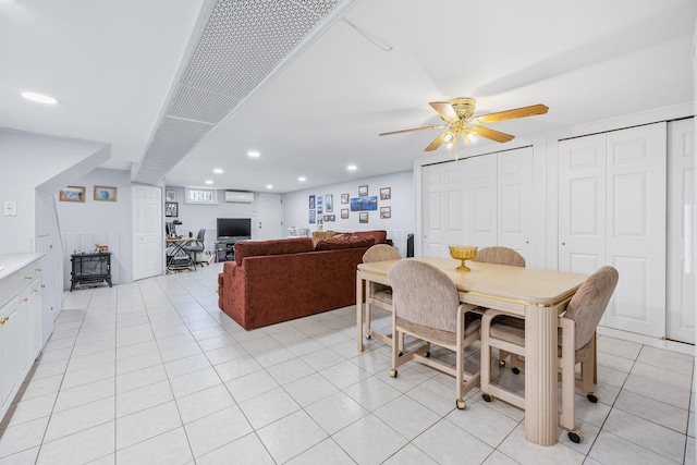64-30 73rd Pl, Middle Village, NY 11379 - dining area with a ceiling fan, light tile patterned floors, and recessed lighting