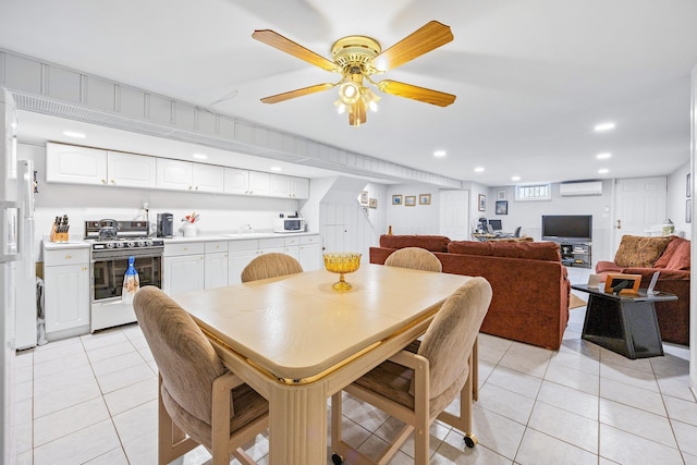 64-30 73rd Pl, Middle Village, NY 11379 - dining room featuring a wall unit AC, light tile patterned floors, stairs, ceiling fan, and recessed lighting