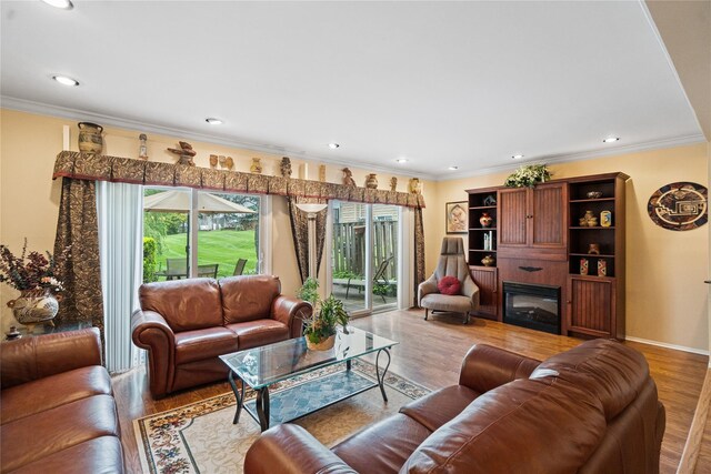 38 The Mews, Syosset, NY 11791 - living room with light wood finished floors, ornamental molding, recessed lighting, and baseboards